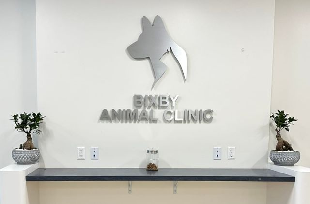 A sign on the wall showing the silhouette of a dog's head and the words "Bixby Animal Clinic."