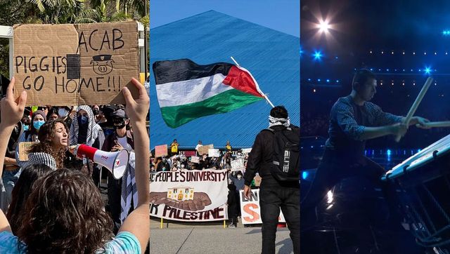 Triptych of photos showing, from left to right, a person holding a sign saying "ACAB piggies go home," a person in black waving a Palestinian flag and a person drumming.
