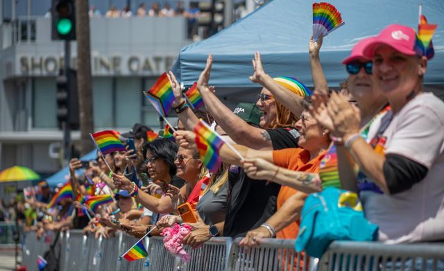 A long line of people wave small rainbow flags from behind a low metal fence.