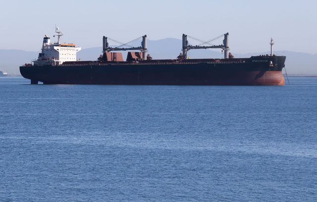 A freighter sits in calm ocean waters on a clear day.