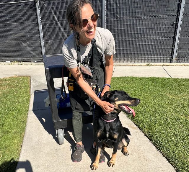 A laughing woman pets a really sweet black dog on the sidewalk next to really green grass.