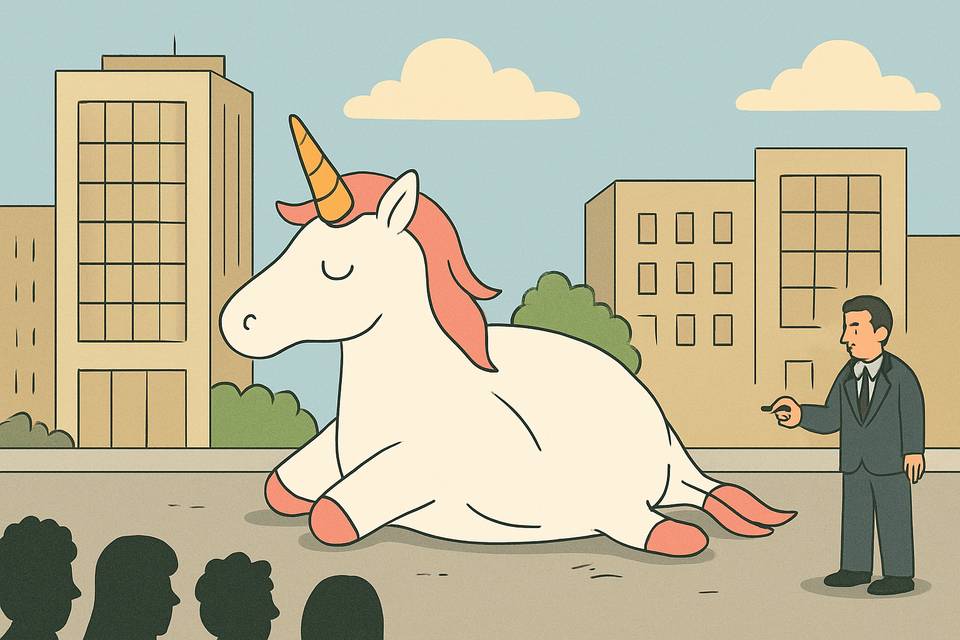 A unicorn balloon is deflated by a person in a suit, while people look on in the foreground.