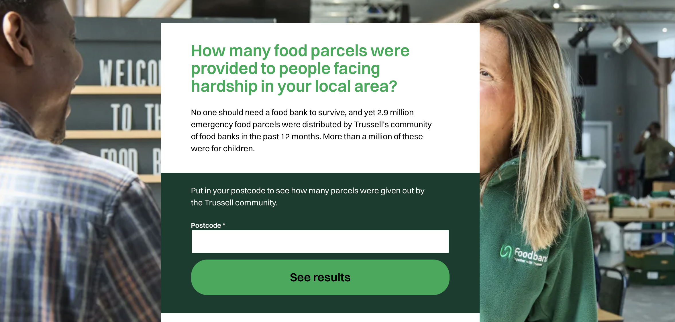 Trussell Impact Stack action showing a postcode lookup to see how many food parcels were given out. A woman in a green Foodbank fleece talks to a man.