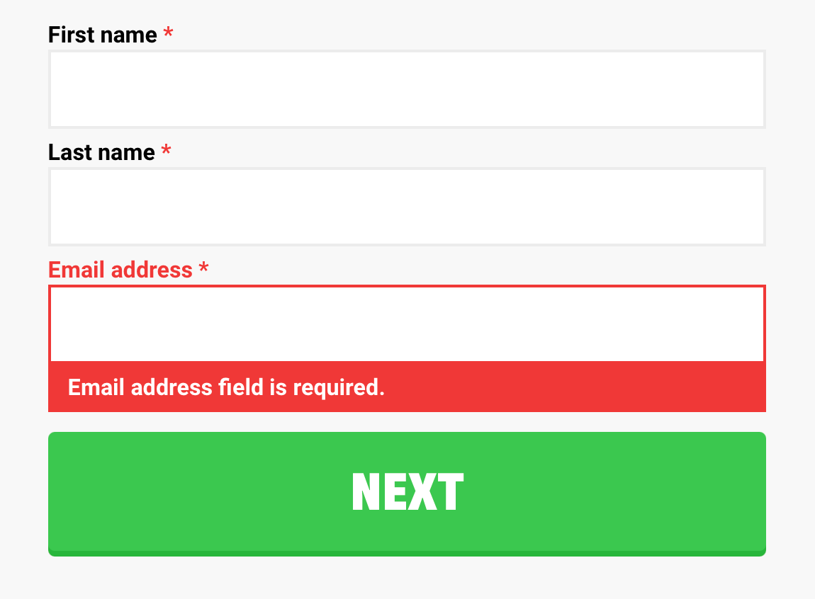 Form built in Impact Stack showing the email address field with a red error message saying 'email address field is required'