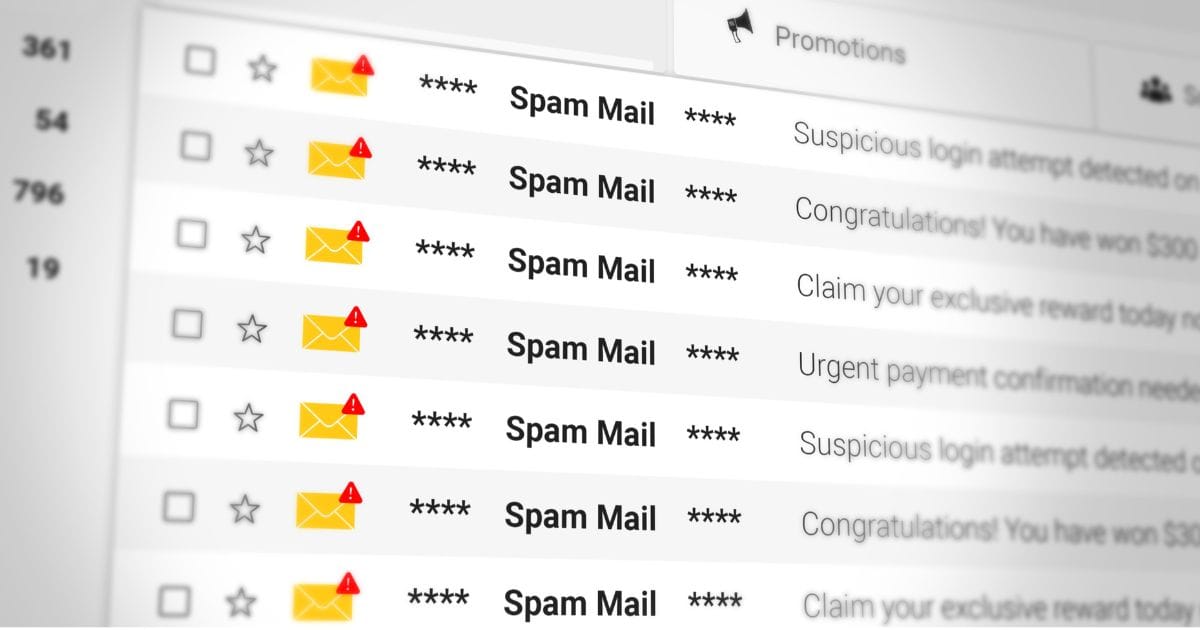 An email mail box filled with emails flagged as spam mail.