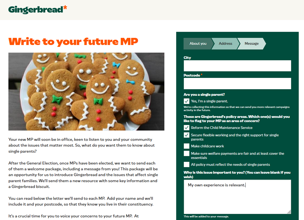 Gingerbread's Impact Stack form page asking supporters to write to your future MP, with a plates of gingerbread biscuits.
