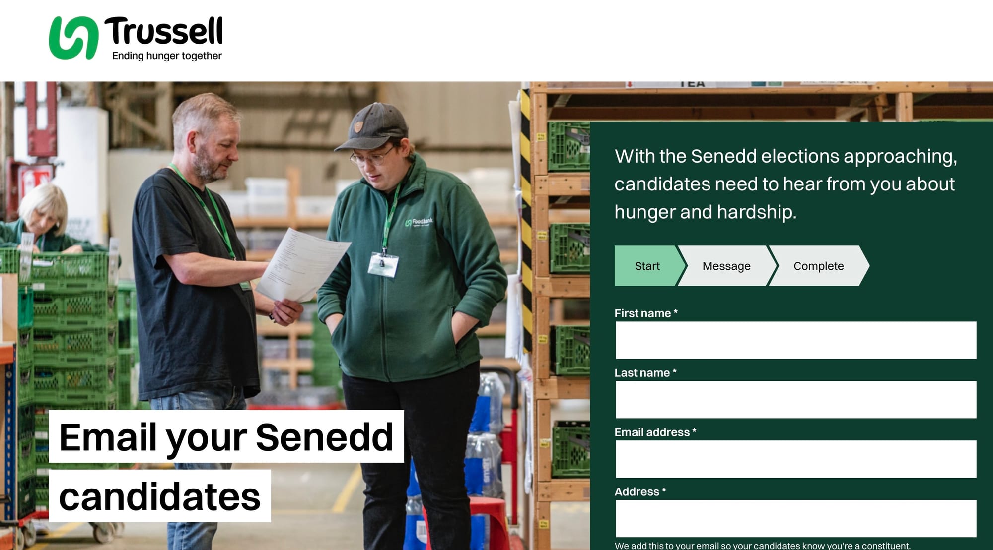 Image shows two food bank workers/volunteers with a campaign message to email Senedd candidates about hunger and hardship. An Impact Stack form is shown on the right.