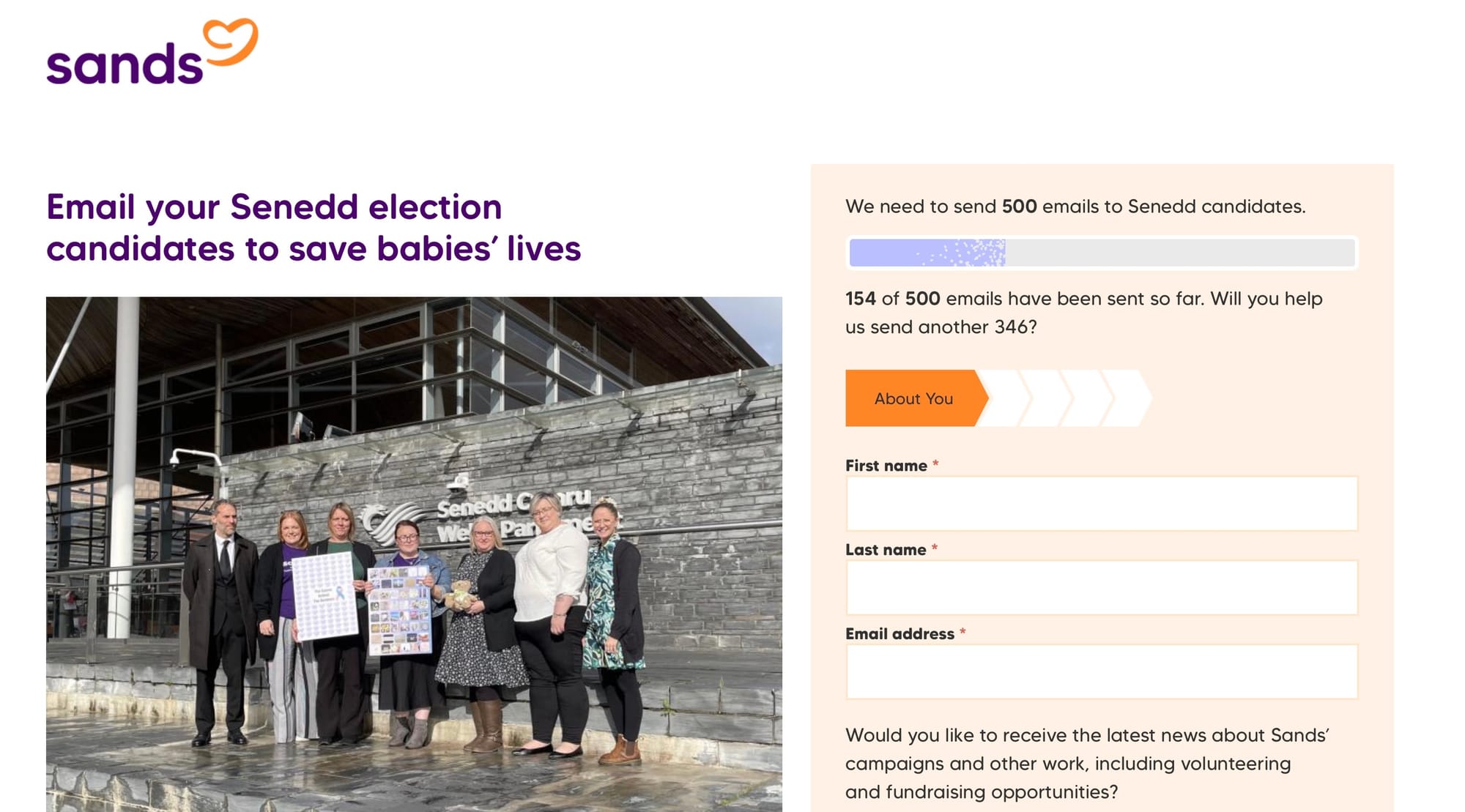 Group of people standing outside the Senedd building, alongside a campaign page encouraging supporters to email candidates to save babies’ lives.