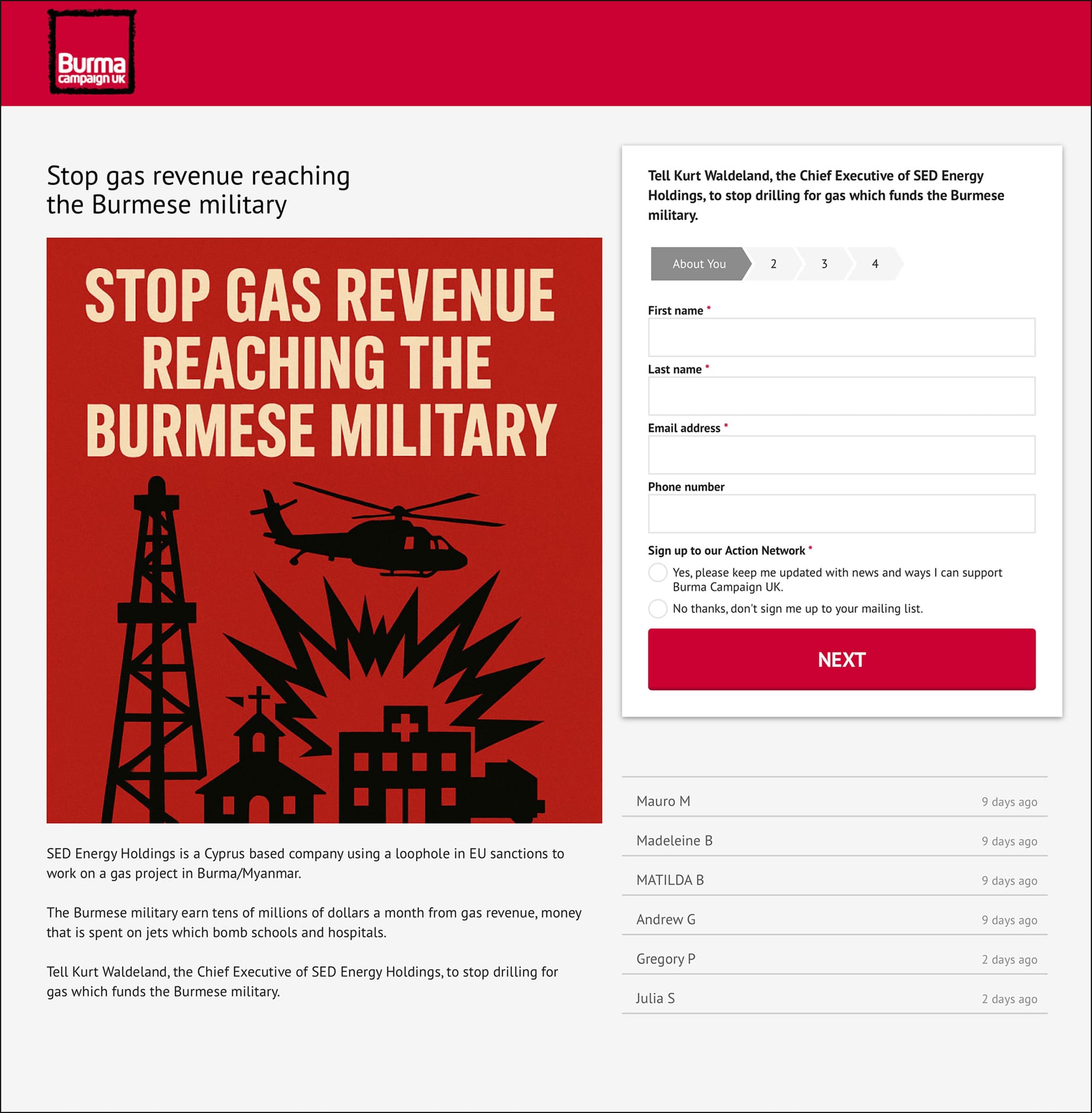 Stop gas revenue reaching the Burmese military screenshot of Burma Action UK's action page, which was build using Impact Stack software.