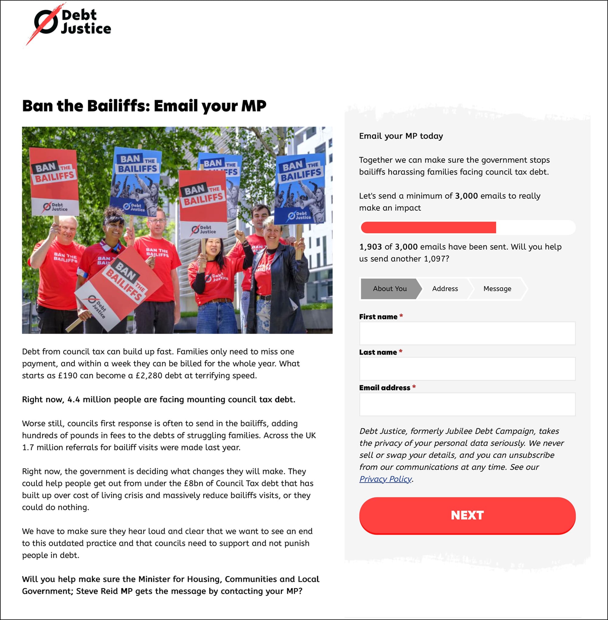 Screenshot of Debt Justice's Email your MP action about banning bailiffs for council tax. The website shows an image of campaigners holding banners saying 'ban the bailiffs'.