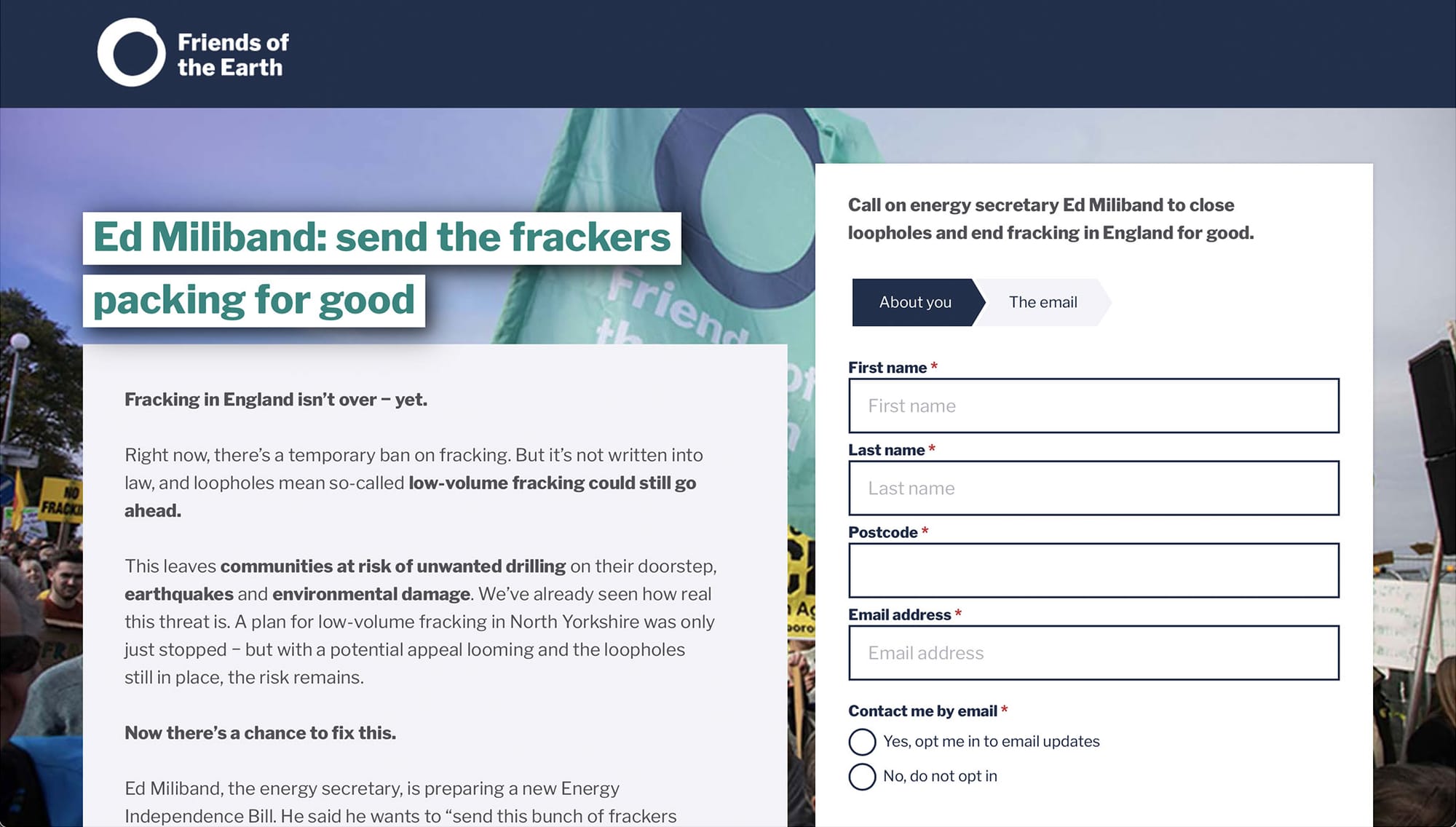 Screenshot of Friends of the Earth UK's email to target action on fracking.