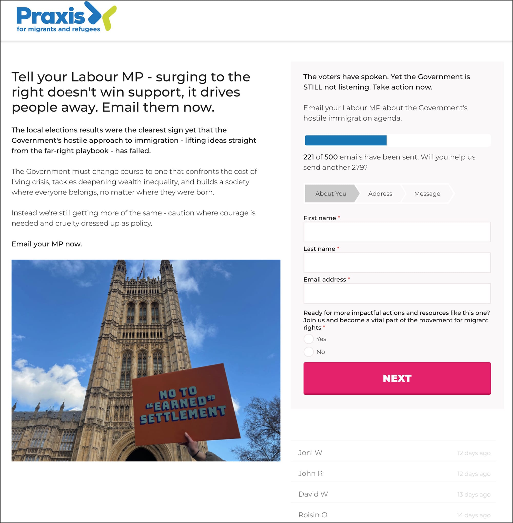 Screenshot of Praxis' action targeting Labour MPs, the website shows an image with a placard saying 'No to 'earned' settlement' in front of the Houses of Parliament.