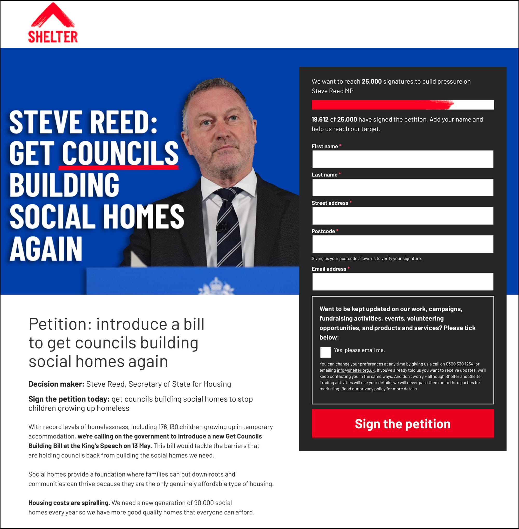 Image of Steve Reed is shown on a screenshot of Shelter's action page targeting the Secretary of State for Housing.