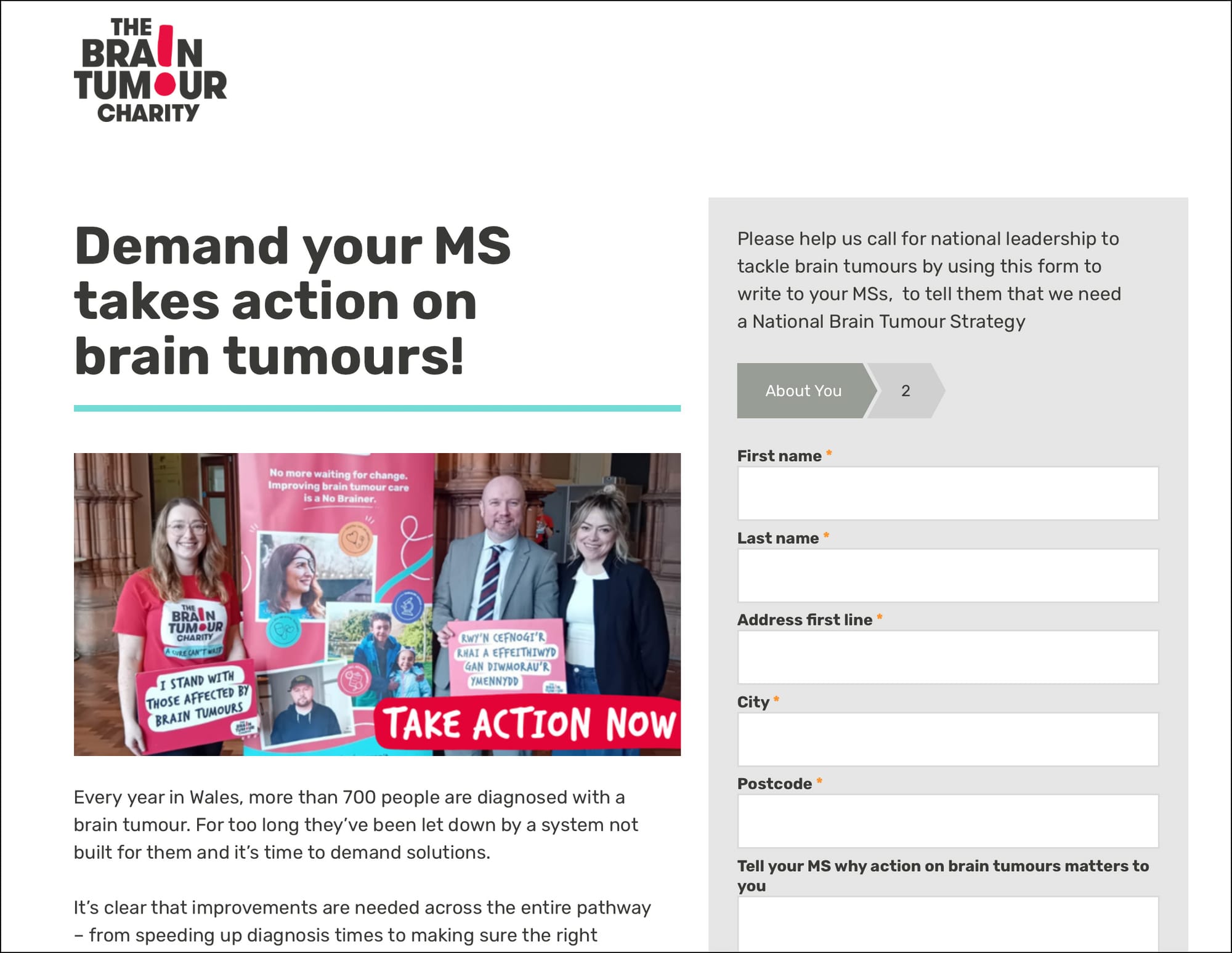 Screenshot showing a petition page from The Brain Tumour charity. Two campaigners are shown meeting with a Member of the Scottish parliament. People are asked to demand your MS takes action on brain tumours.