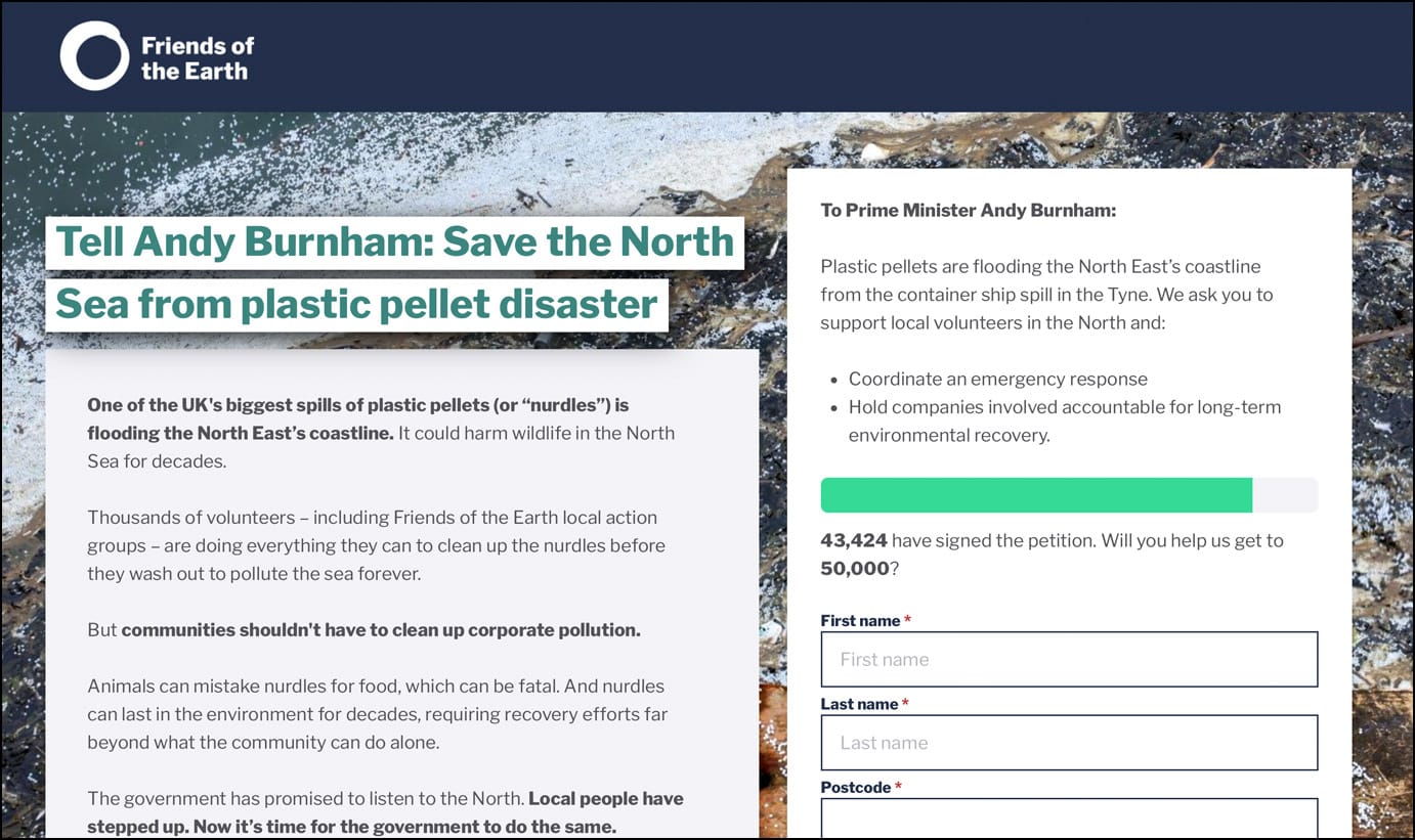 Friends of the Earth's petition built in Impact Stack, asking Andy Burnham to save the North Sea from plastic pellet disaster. The background shows tiny pieces of plastic all over sand.