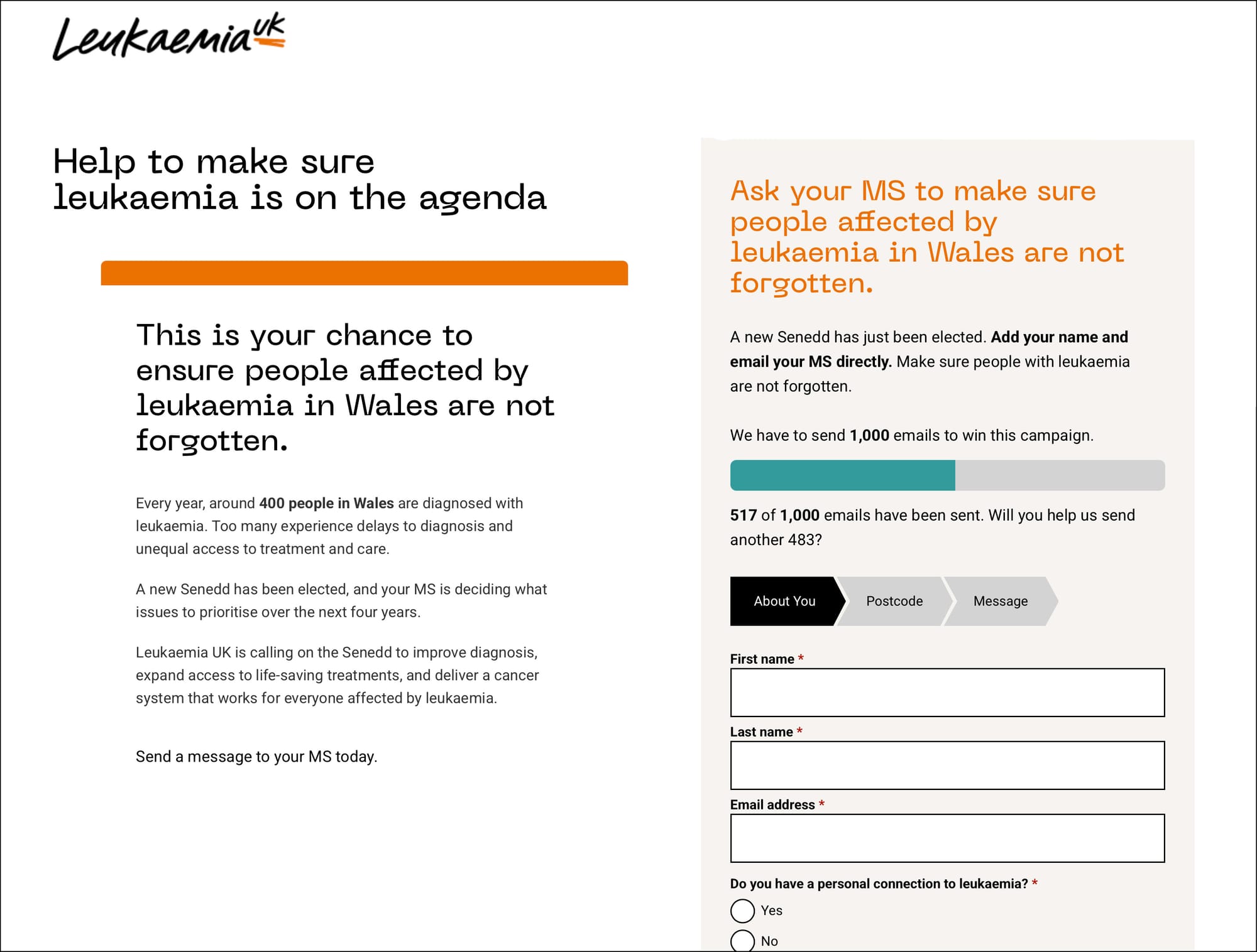 Leukaemia UK's email to target action asking people to email their Welsh Parliament representative to make sure people in Wales affected by Leukaemia are not forgotten.