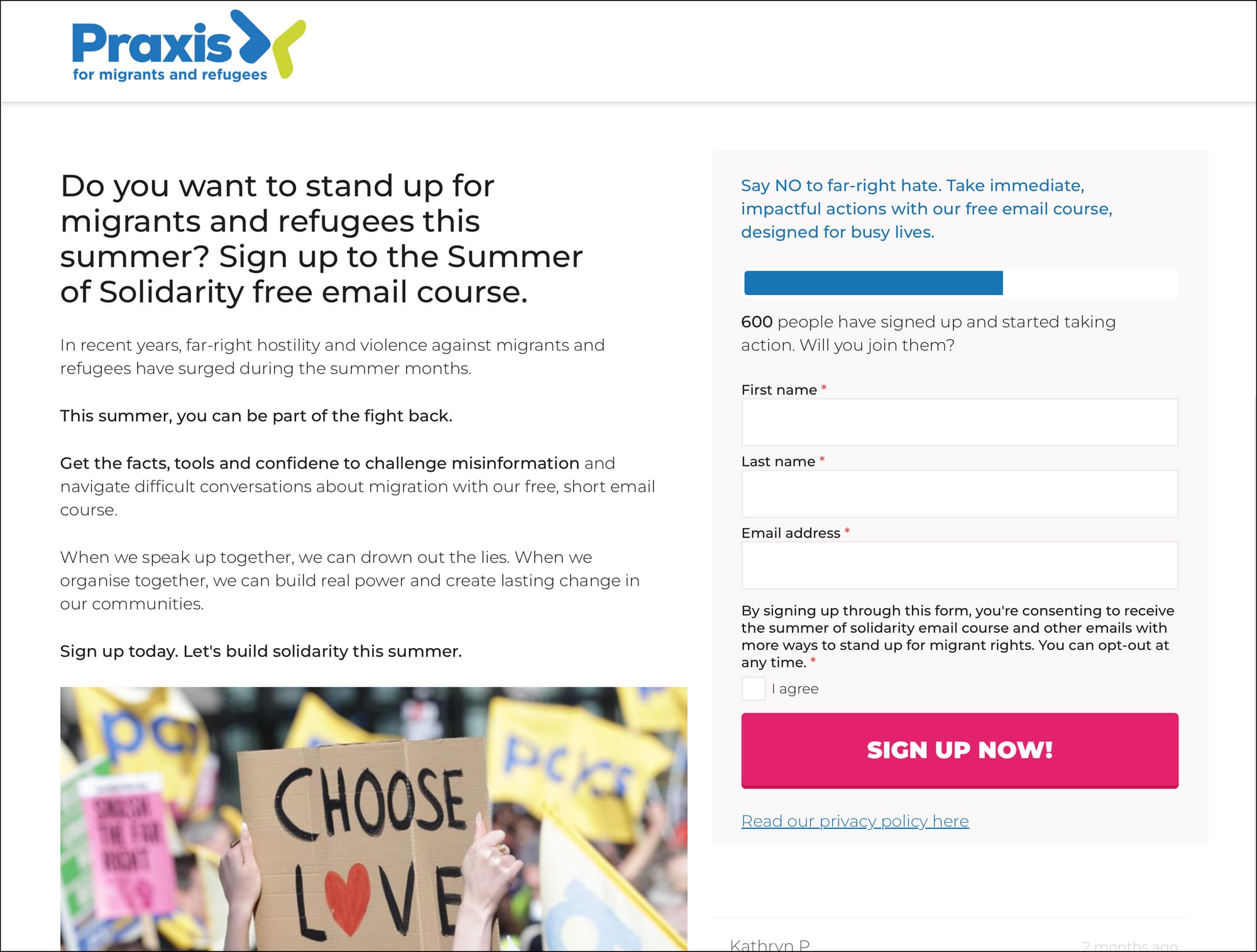 Praxis asks people to sign up to a summer of solidarity free email course to stand up for migrants and refugees. An image shows a handmade protest banner saying 'choose ove'.