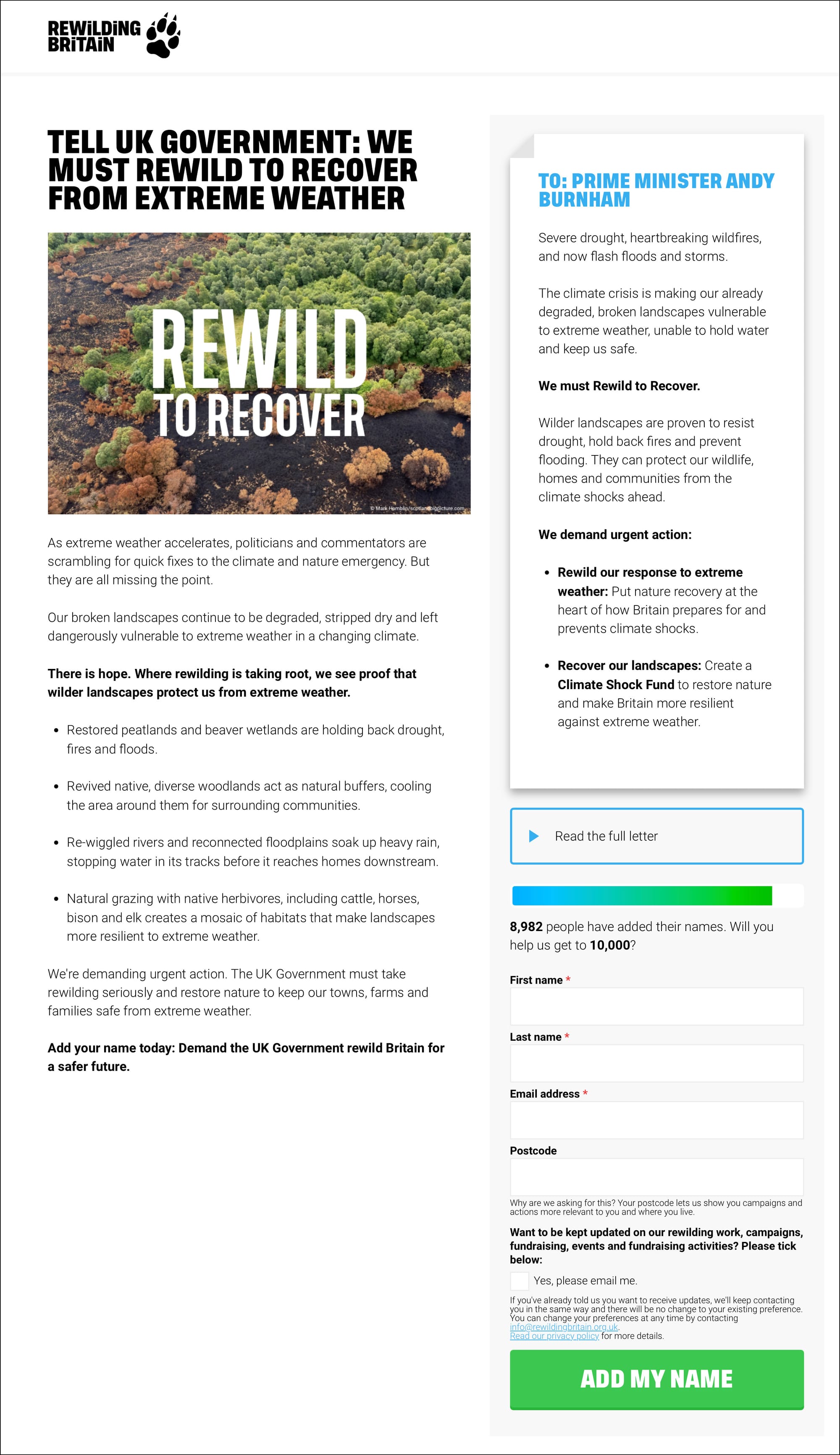 The charity's Rewilding Britain's Impact Stack petition campaign screenshot, asking supporters to tell Prime Minister Andy Burnham to rewind to recover from extreme weather.
