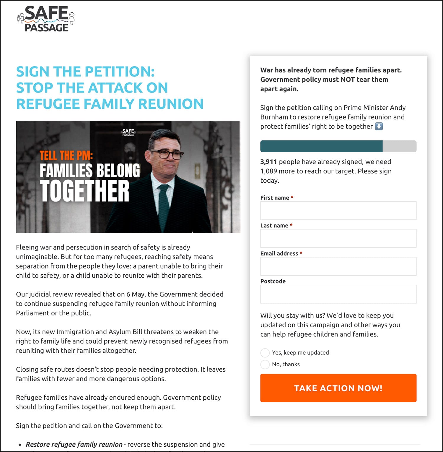 The Safe Passage International charity's petition campaign asking people to sign to stop the attack on refugee family reunion.