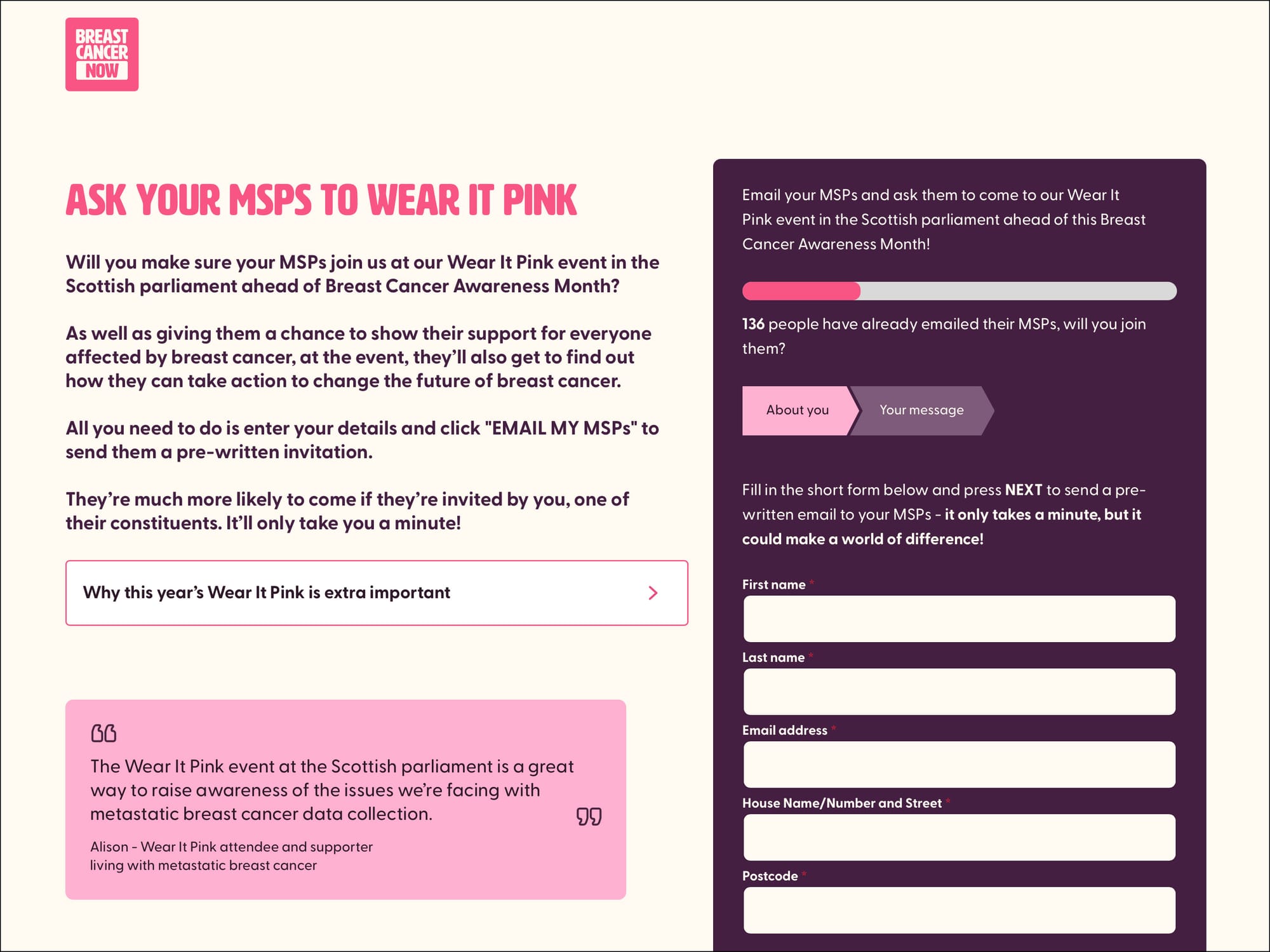 Email to target action built in Impact Stack from Breast Cancer now asking MSPs to wear it pink in the Scottish parliament, ahead of Breast Cancer Awareness Day.