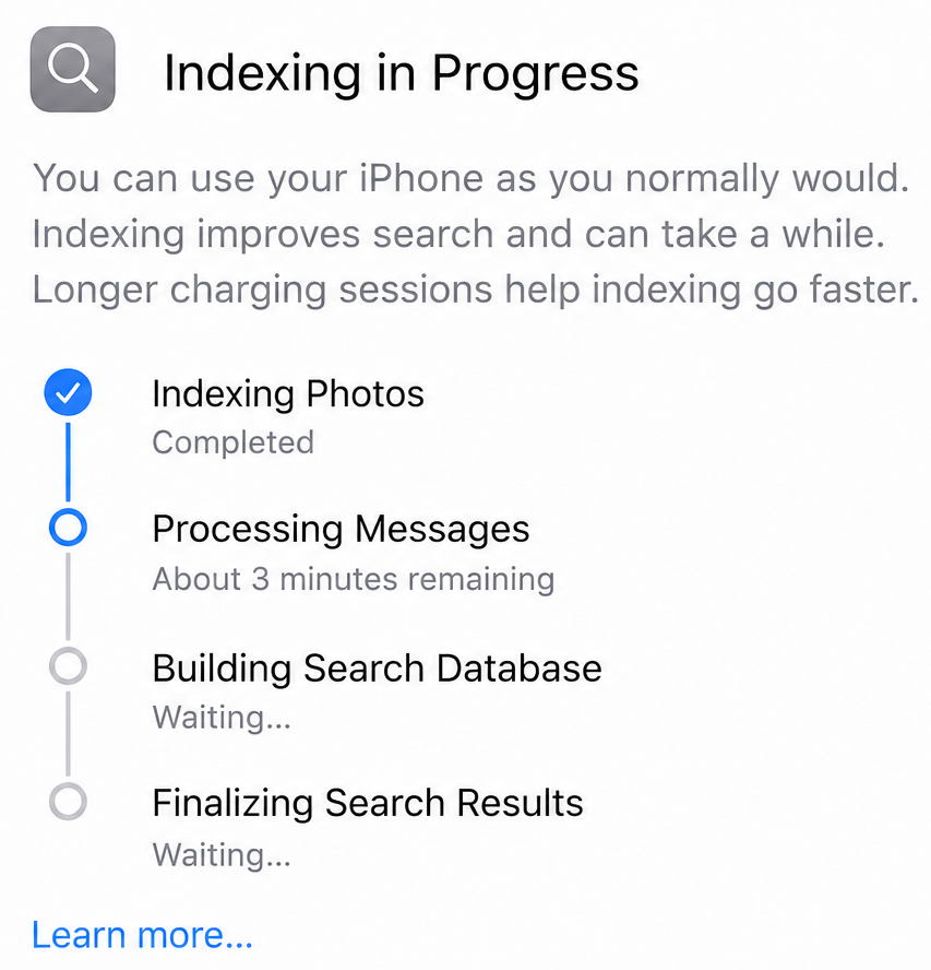 Concept mockup of a task-based indexing status screen showing completed, active, and pending indexing tasks, including Photos, Messages, search database creation, and search result finalization.
