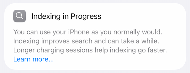 Screenshot of Apple’s “Indexing in Progress” message in iOS 27 Developer Beta 1, explaining that search indexing is underway but providing no indication of progress or time remaining.