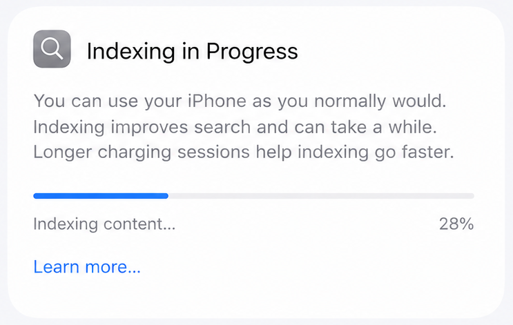 Concept mockup of Apple’s “Indexing in Progress” settings message with a horizontal progress bar showing 28% completion and the status “Indexing content.”