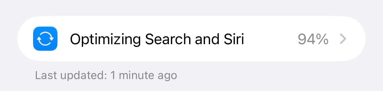 Screenshot of the same "Optimizing Search and Siri" row a minute later, now reading "Last updated: 1 minute ago."