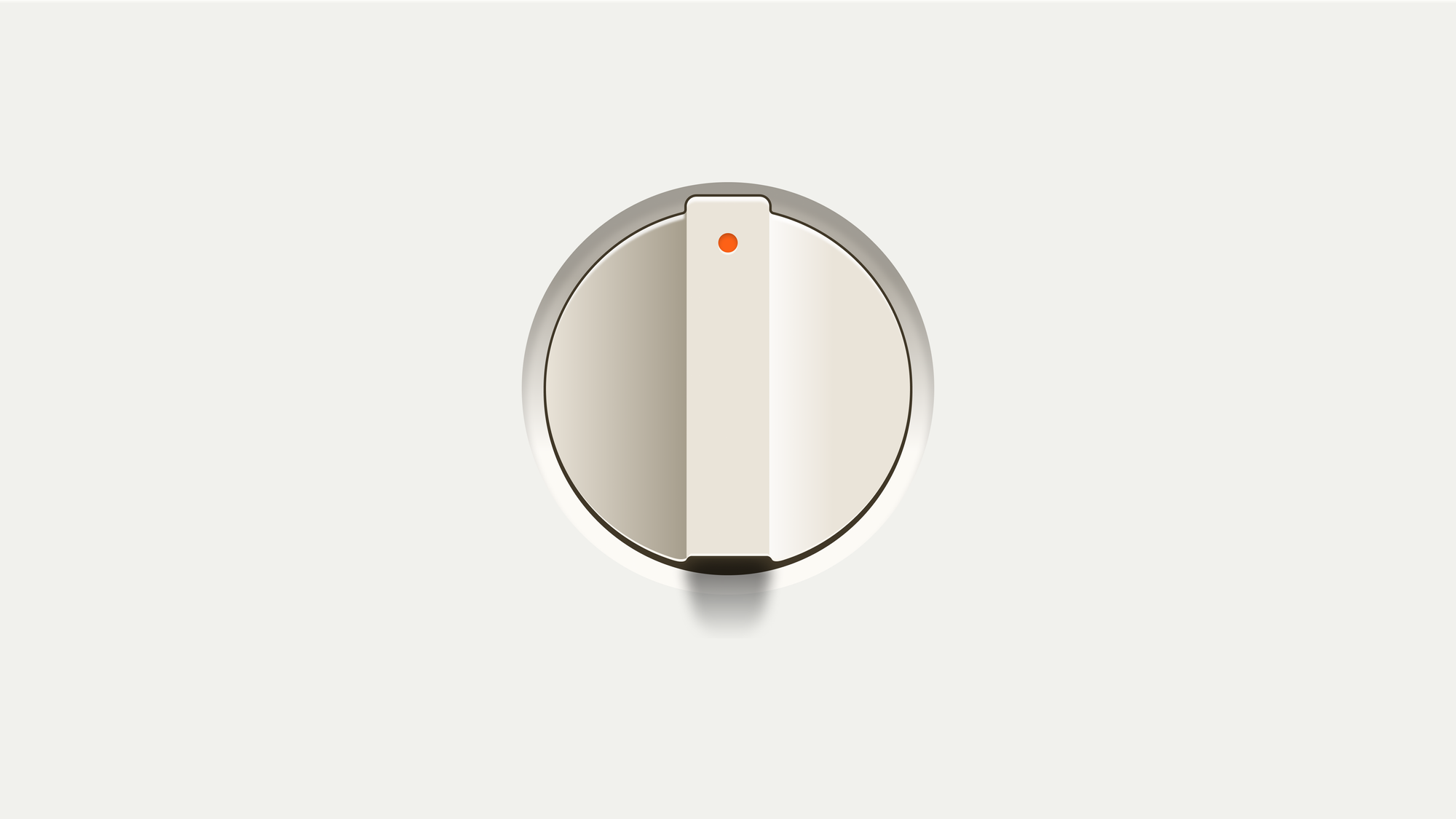 Close-up of a metallic rotary knob with a small orange indicator dot, centered on a smooth gradient background. The knob casts a soft shadow, suggesting depth and tactility.