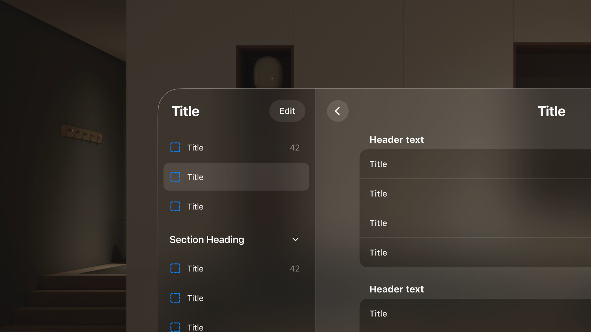 UI view from Vision Pro showing a layered interface with multiple selectable text elements labeled “Title”, demonstrating spatial menus and selection highlights in a dimly lit room.