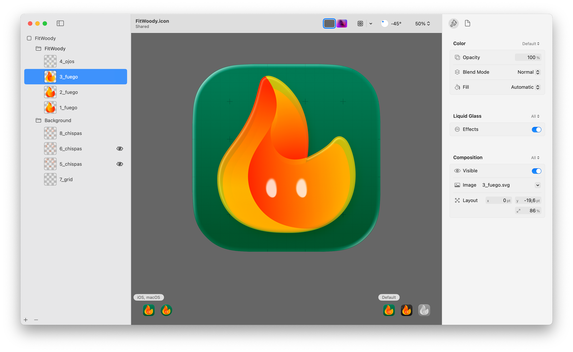 Screenshot of Icon Composer showing FitWoody’s iOS 26 icon in progress. The flame symbol is layered over a green background, with transparency and Liquid Glass effects applied. Multiple layers like “fuego” and “chispas” are visible in the left panel.