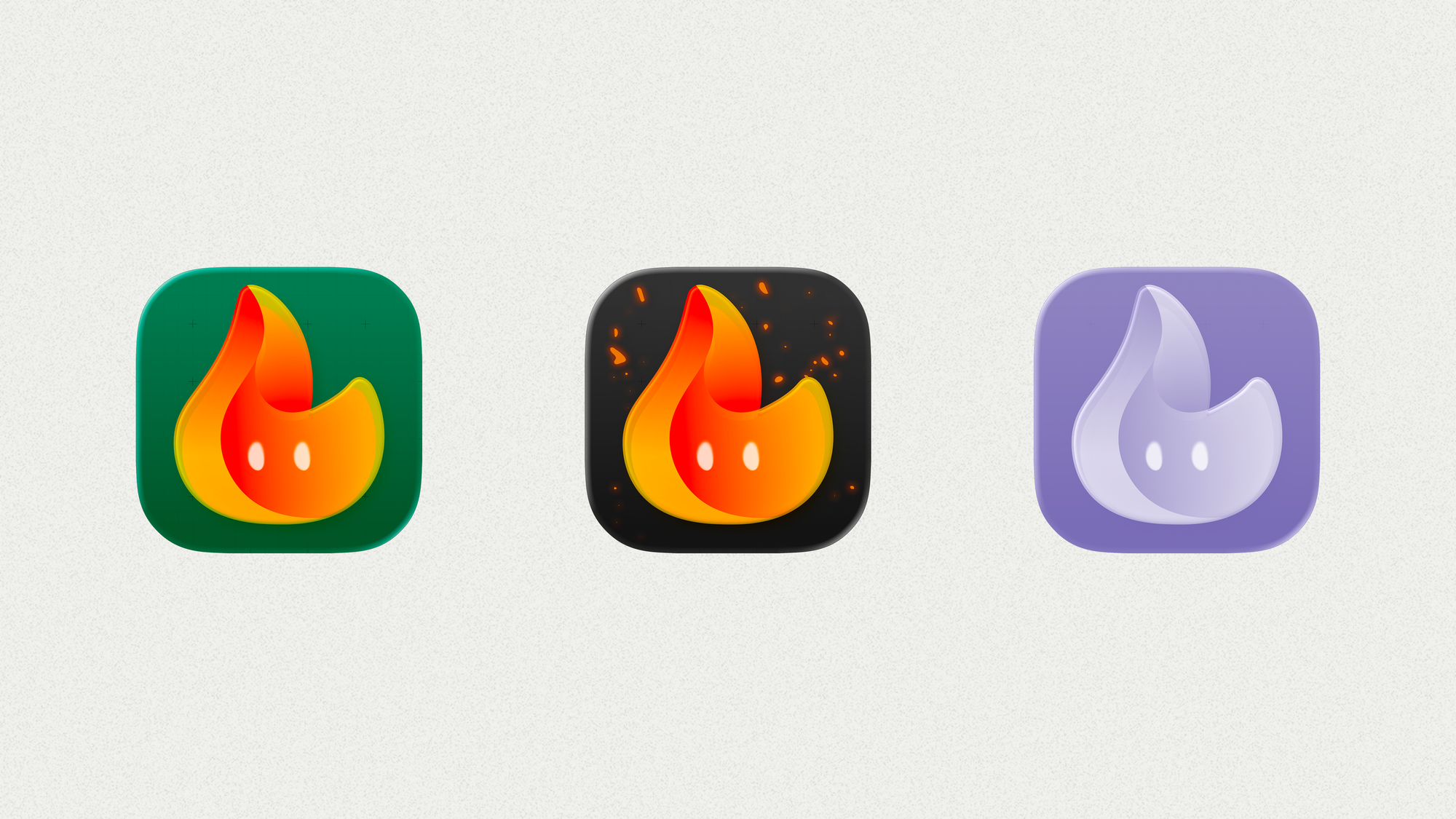 Three variations of the FitWoody icon created with Icon Composer for iOS 26: default (green background), dark mode (black with sparks), and tinted mode (purple and translucent).