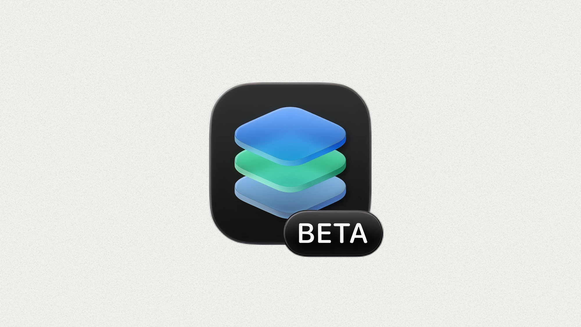 Icon Composer app icon with three stacked translucent layers in blue and green on a dark background, marked with a ‘BETA’ label