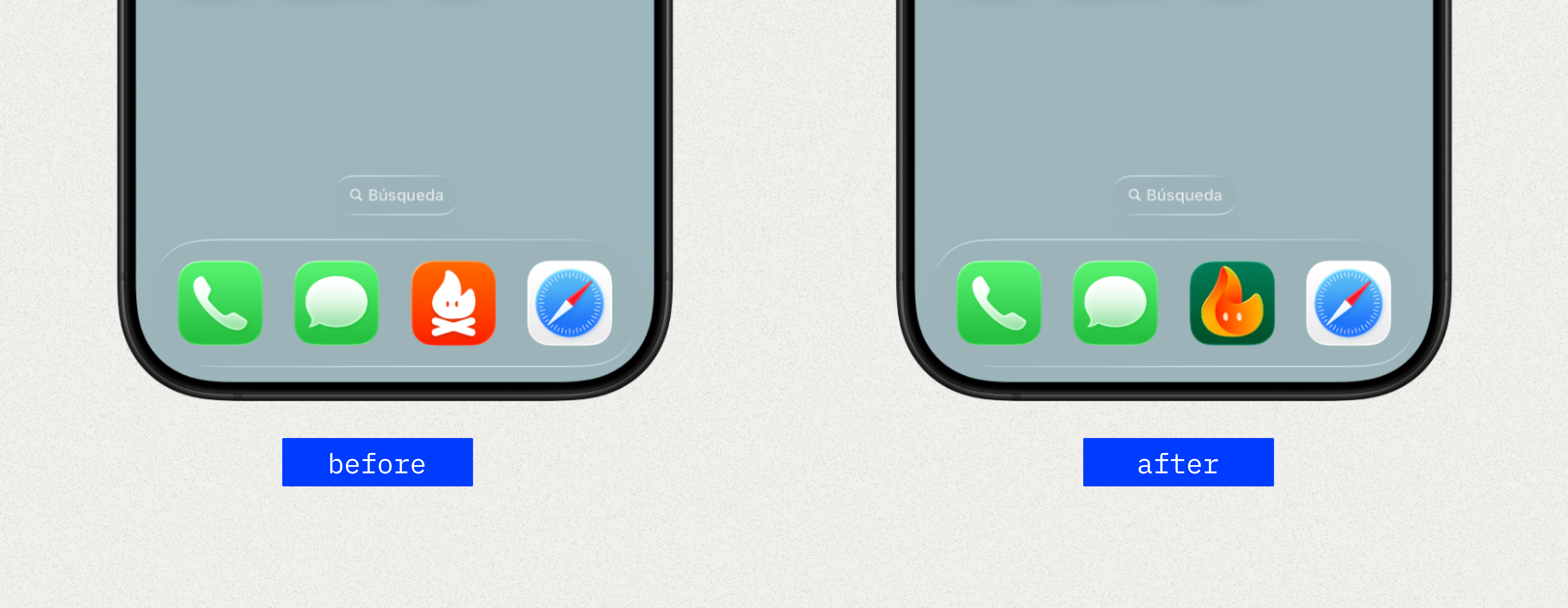 Side-by-side comparison of FitWoody’s old app icon and the new Liquid Glass version created with Icon Composer, shown in the iOS dock.
