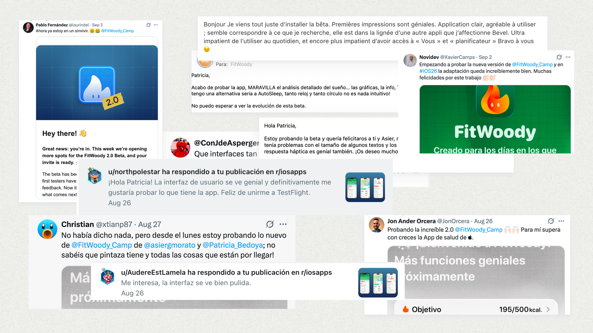 Collage of tweets, Reddit replies, and user messages sharing feedback and positive reviews about FitWoody 2.0. The image shows screenshots of social media posts in various languages, highlighting users’ enthusiasm, suggestions, and congratulations for the app’s latest version.