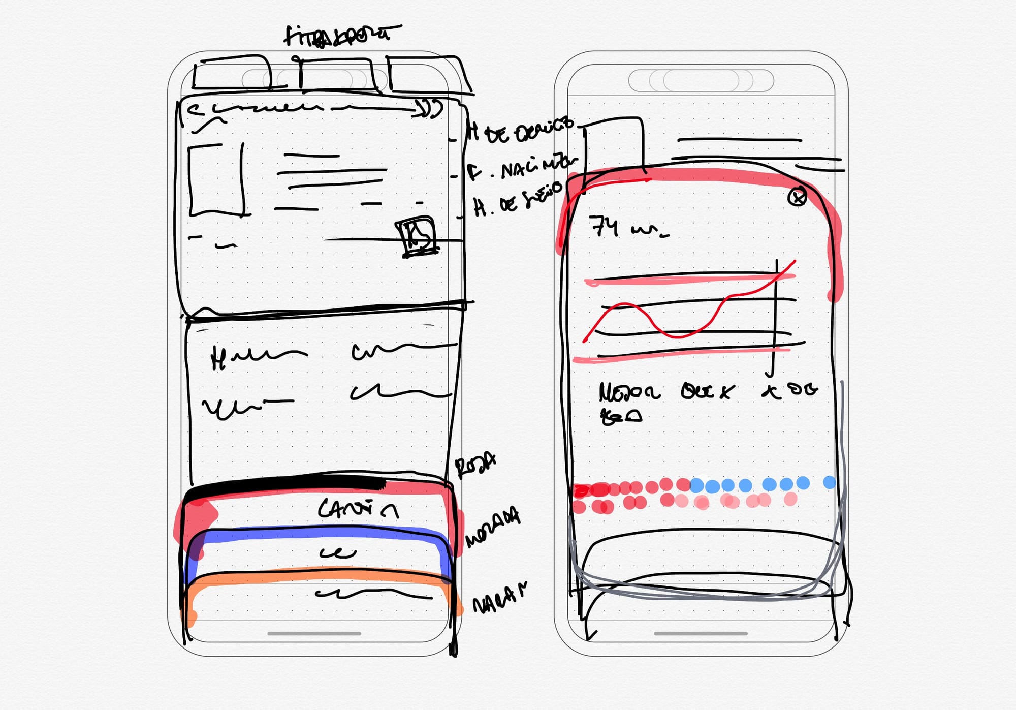 Hand-drawn wireframes of the FitPassport app showing a digital passport layout and a health data chart with graphs and colored sections.