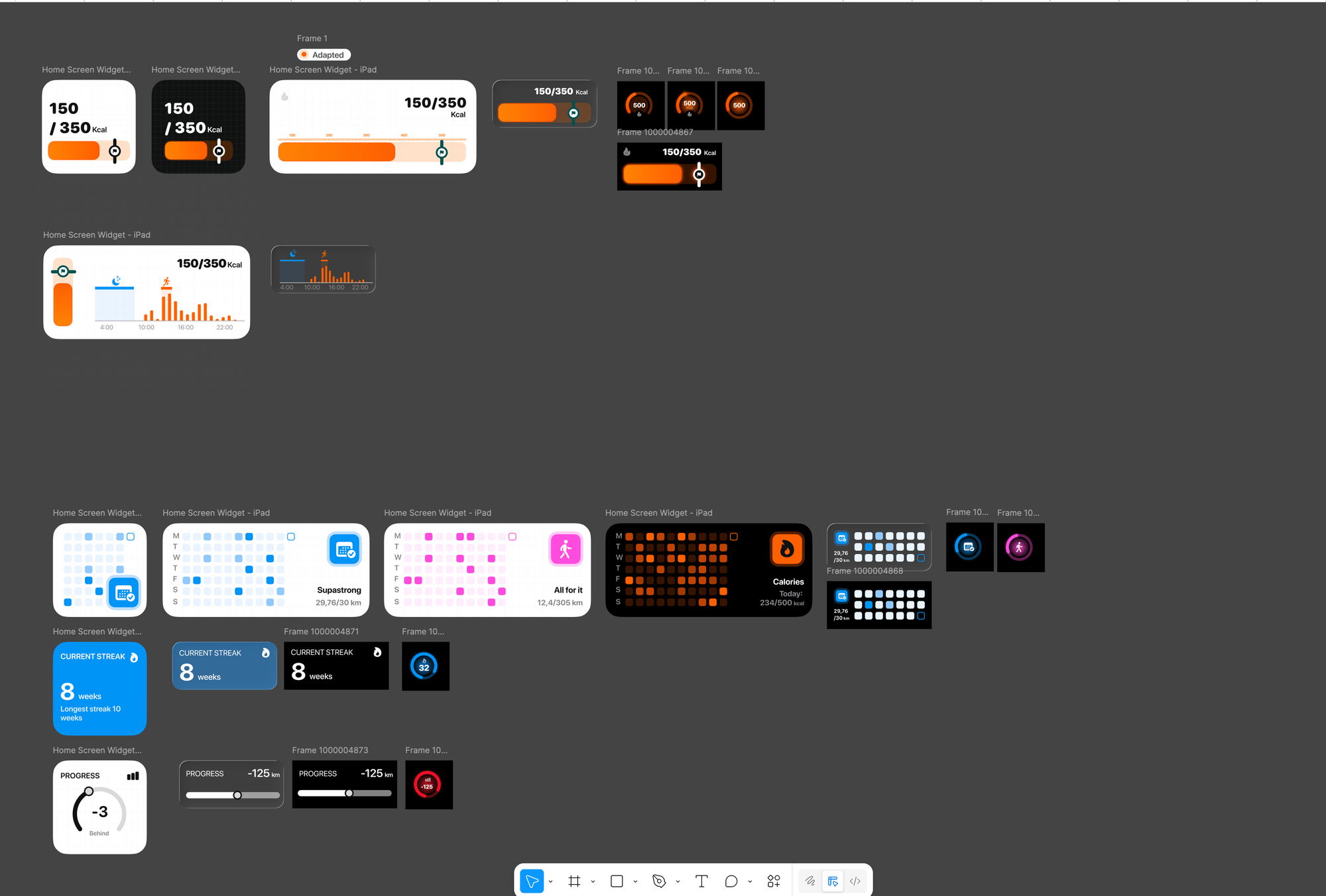 Figma canvas showing multiple FitWoody widget families for iPhone, iPad, and Apple Watch, including activity, consistency, streak, and annual goal designs arranged in groups.