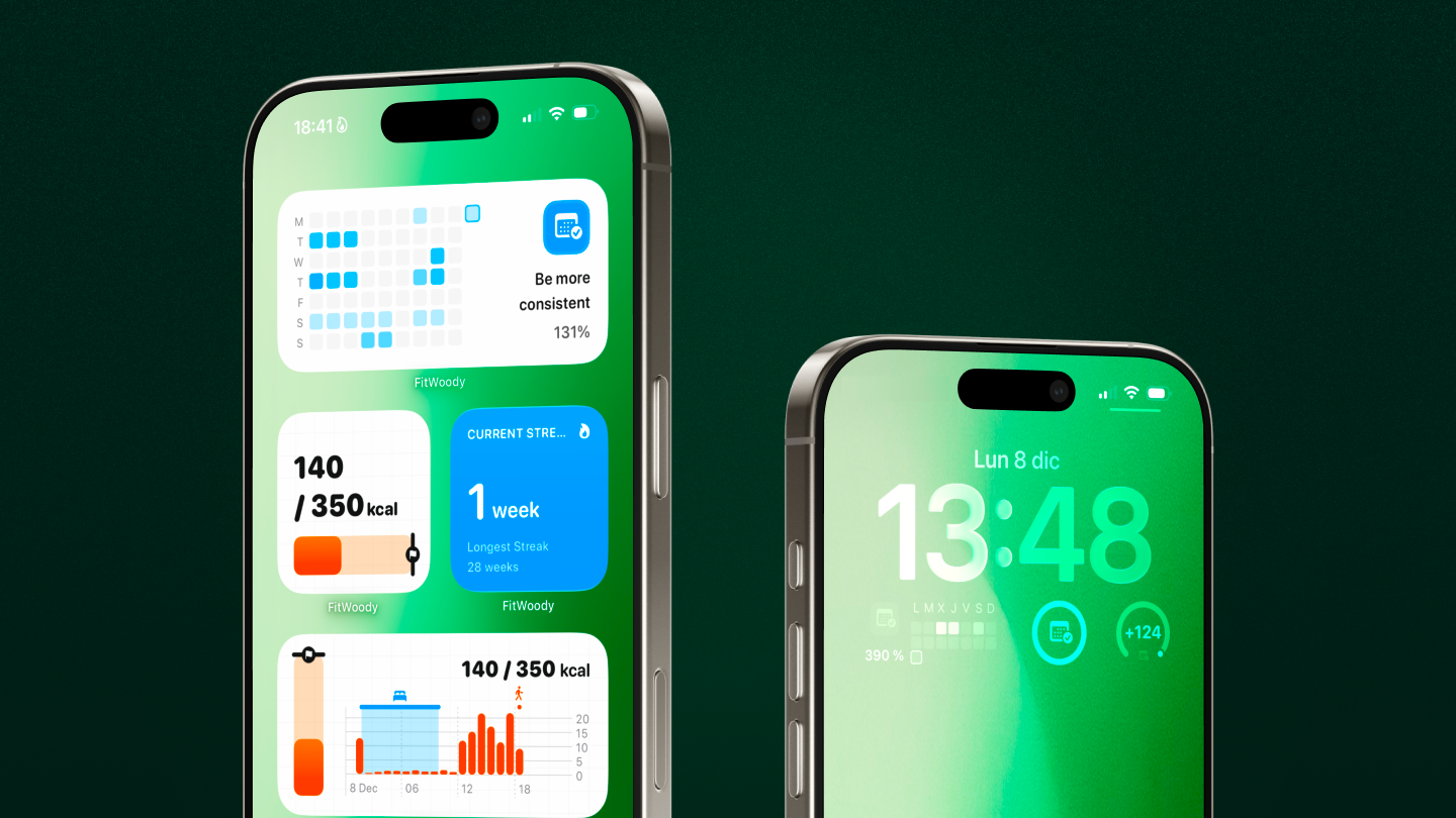 iPhones displaying FitWoody Home Screen and Lock Screen widgets, including activity tracking, consistency calendar, streaks, and adaptive daily goals on green-themed backgrounds.