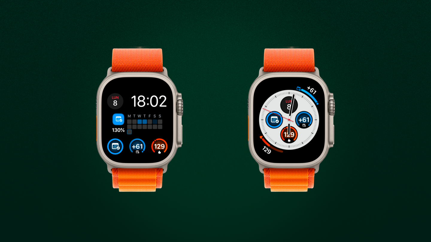 Two Apple Watch Ultra screens displaying FitWoody complications for consistency, daily activity, and energy-related metrics, shown on different watch faces with orange bands.