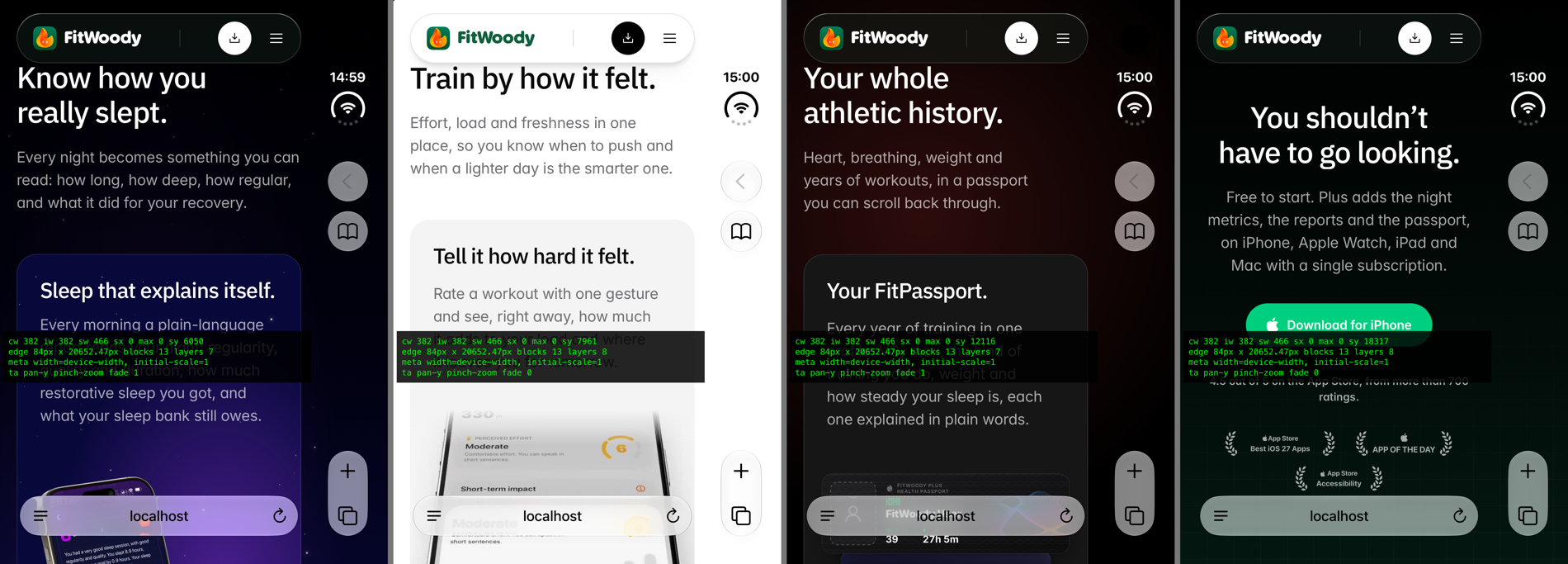 Four sections of fitwoody.camp on iPhone Duo, light and dark, each with its background colour continuing under Safari's side strip.