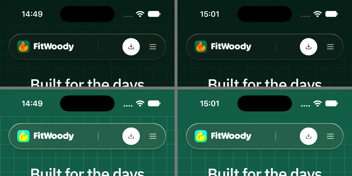 Top of fitwoody.camp on iPhone, before and after: the background grid starts with a hard edge under the status bar, then fades in softly.