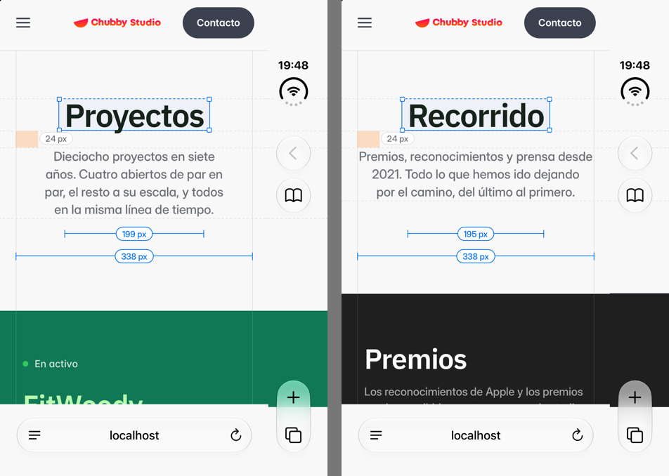chubby.studio on iPhone Duo with its dashed horizontal layout guides running across Safari's side strip to the edge of the screen.