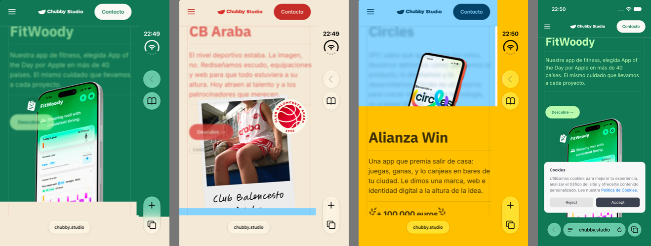 Four frames of a stack of sticky sections on iPhone Duo where Safari paints its side strip and its buttons in one flat colour that does not match the section beside it.