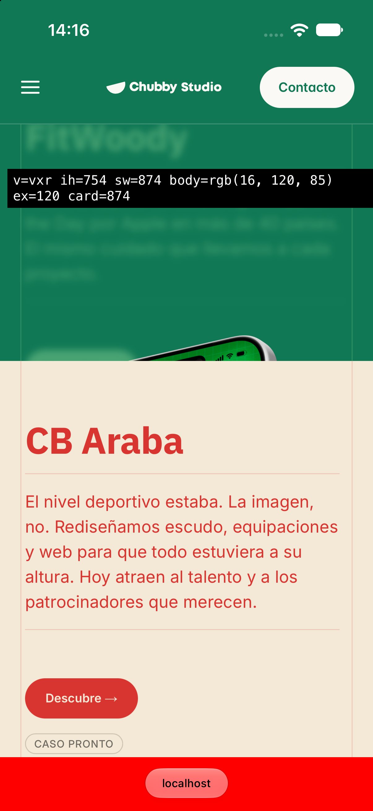 Test page on iPhone with the container of the sticky stack painted red and Safari's bottom bar turning red with it, proving what Safari draws under its bar.
