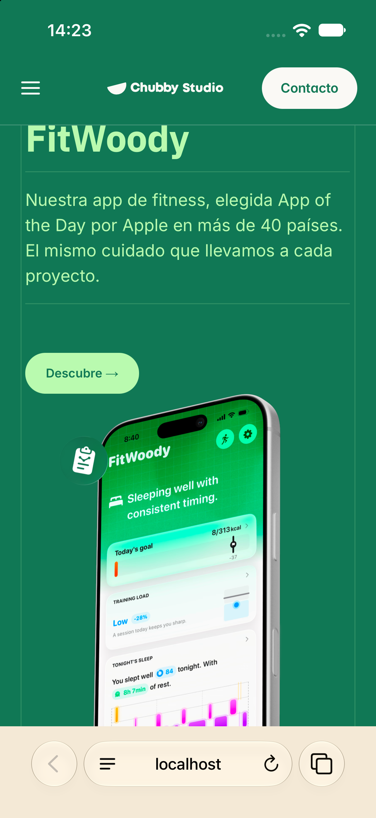 chubby.studio on an iPhone, before and after: Safari's bottom bar stuck on green over a cream section, then cream to match it.
