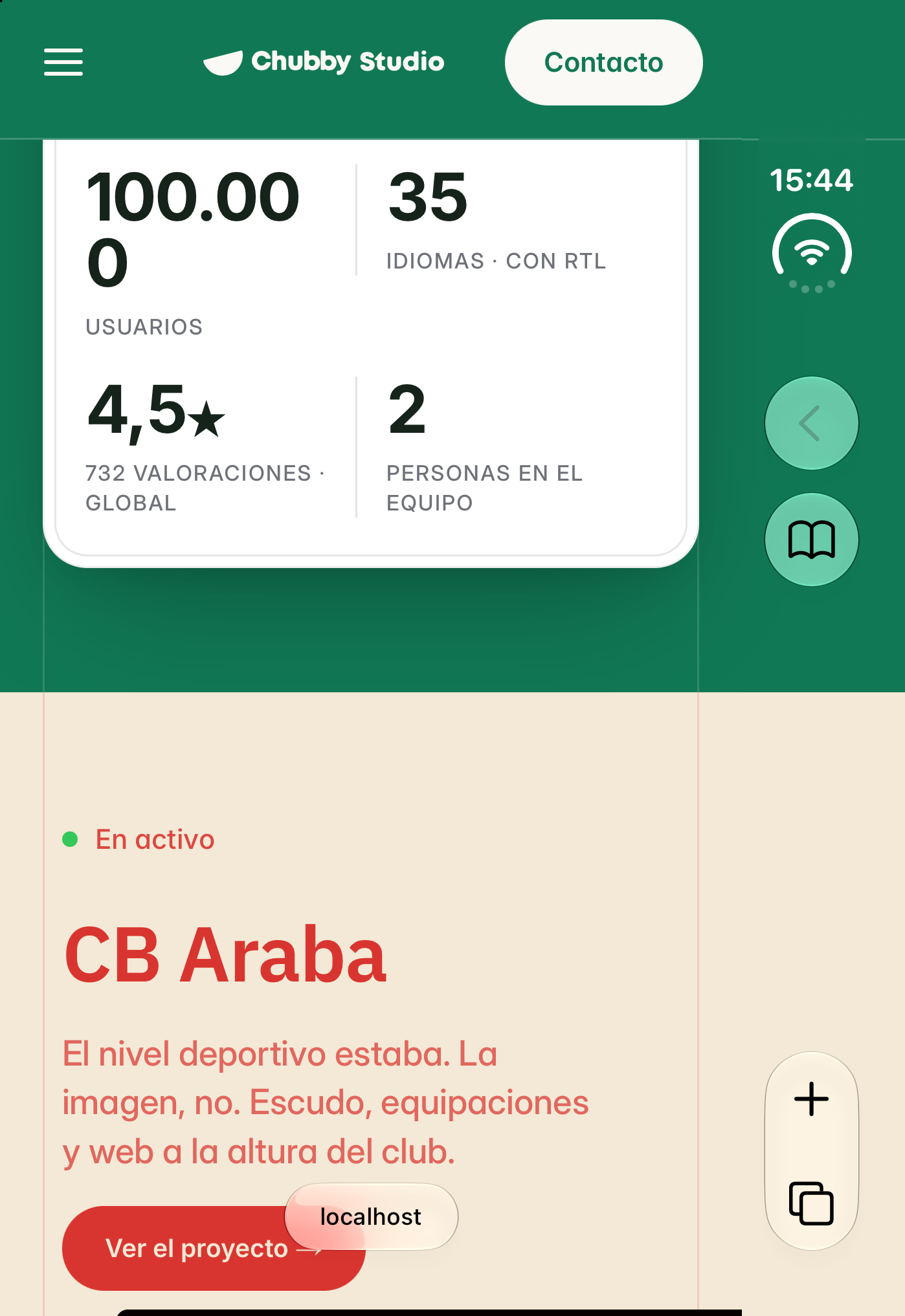 A white case-study card on iPhone Duo whose soft shadow continues into Safari's side strip.