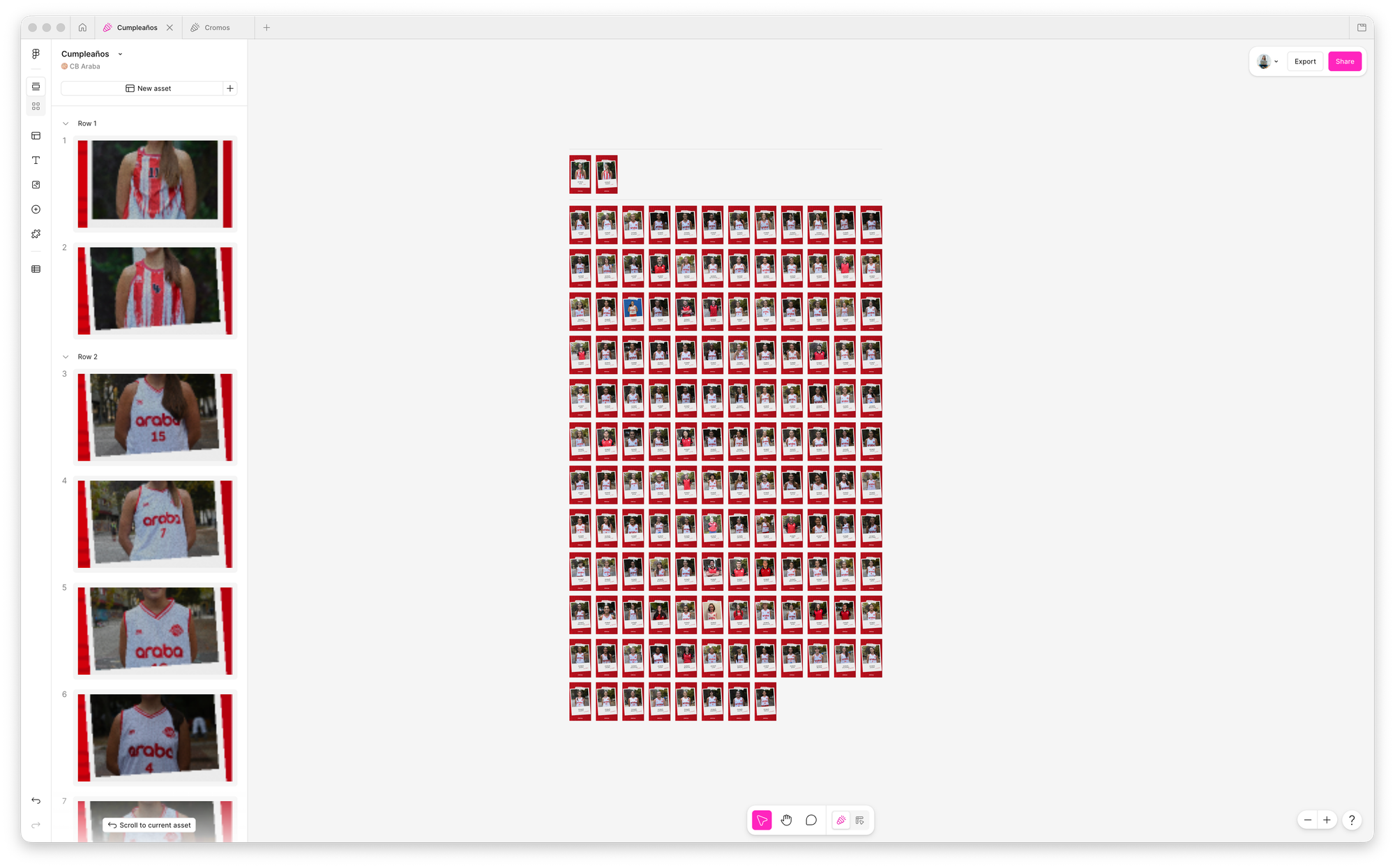 A Figma Buzz file called "CumpleaƱos" for CB Araba, with a canvas showing a grid of more than 140 birthday stories made by hand, each one the same red polaroid design with a different player's photo, name and date.