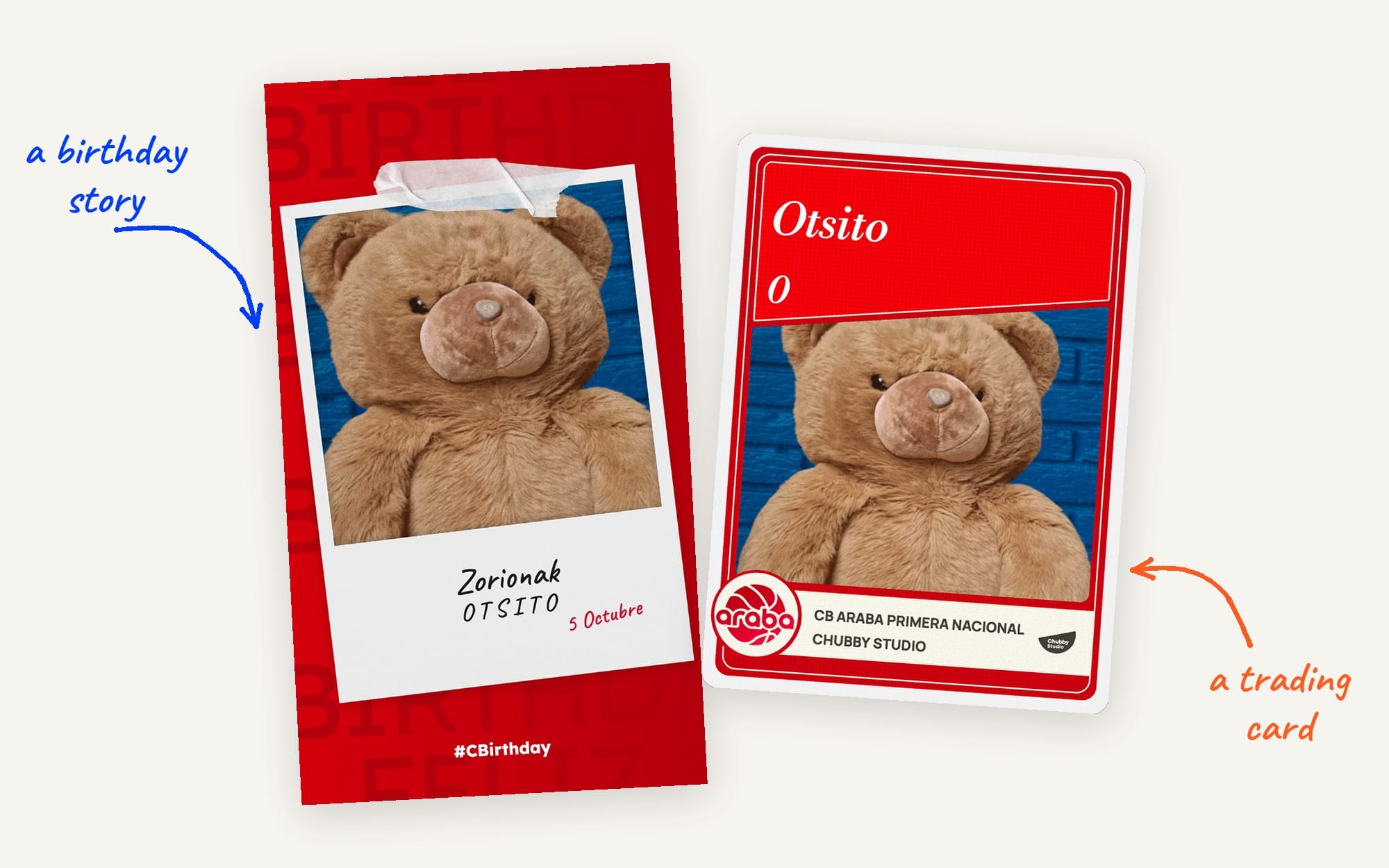 A birthday story and a trading card for Otsito, the CB Araba mascot, both generated by the club's own tools.