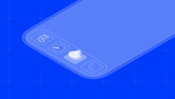 Stylized blueprint illustration of an iPhone screen showing the new FitWoody icon rendered with Liquid Glass in the iOS dock, alongside Safari and Phone apps.