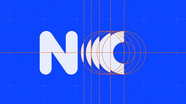 Graphic composition of the word “NO” in white over a bright blue background, with geometric construction lines and circles showing the design process. 